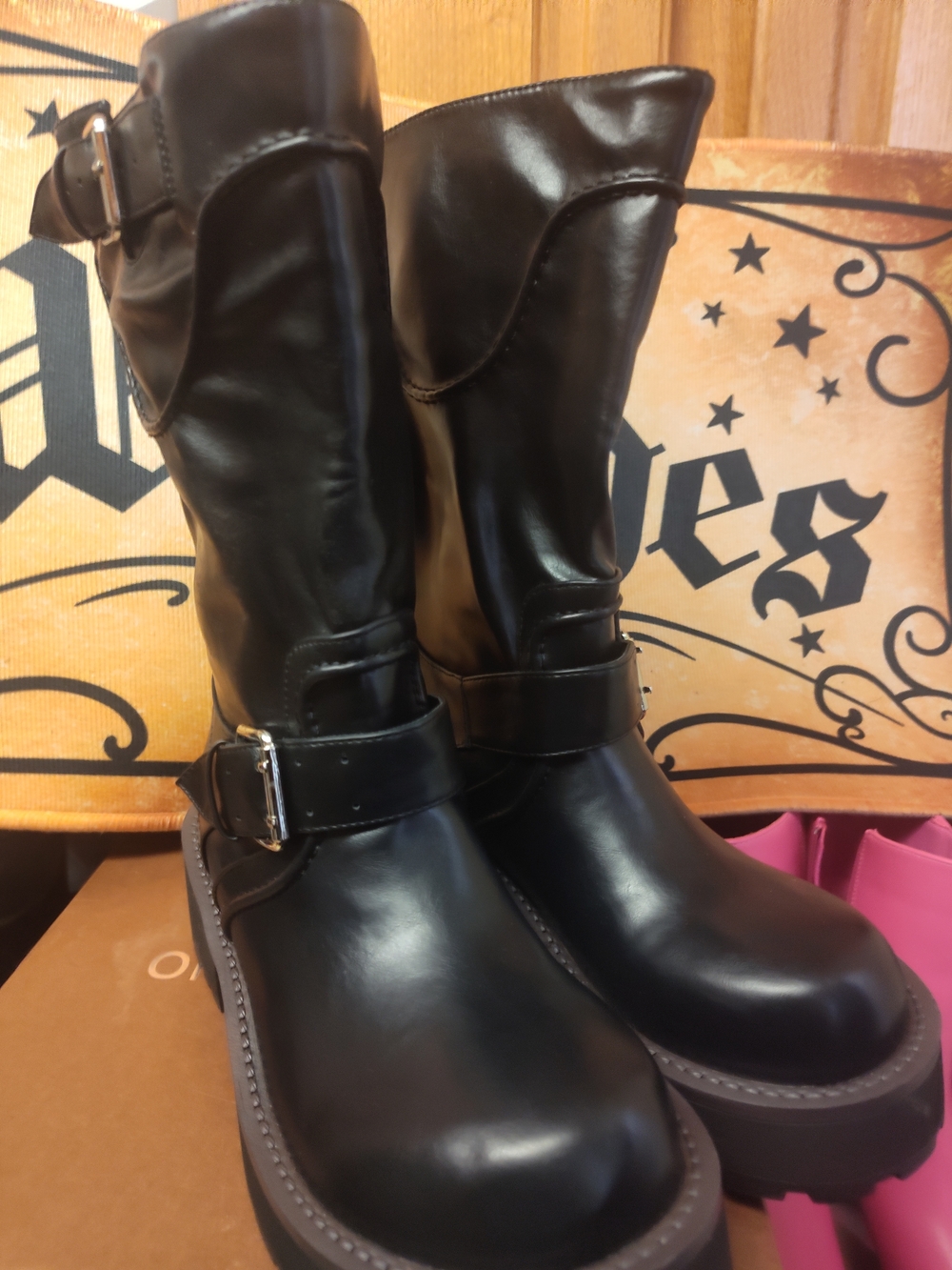 Black Leather Buckle Mid-Calf Women's Boots - Picture 2 of 7